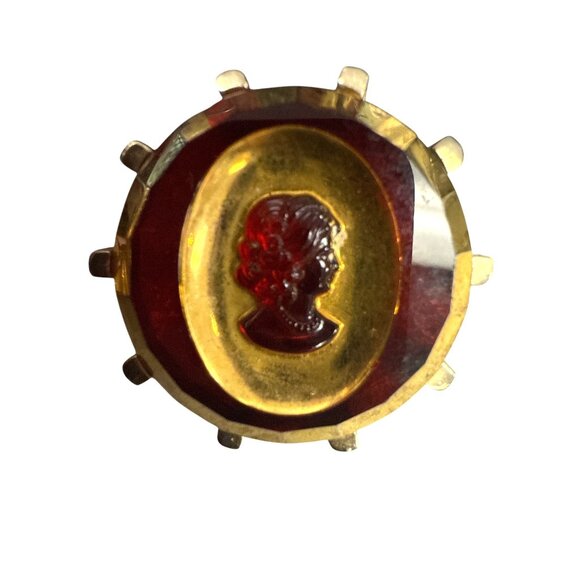 Vintage Red & Gold-Tone Cameo Large Cufflinks Starburst Backplate - Picture 5 of 8